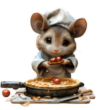 A 3D animated cartoon render of a cute cartoon mouse baking a cherry pie in a tiny kitchen.