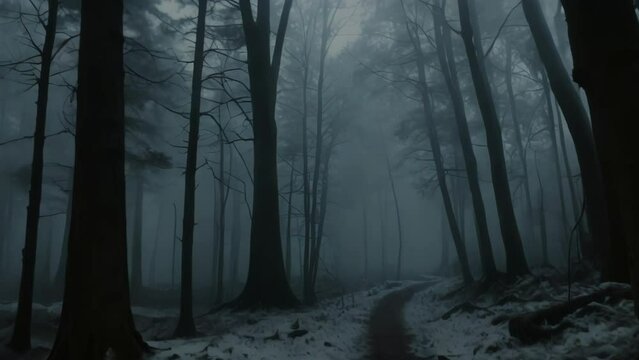 Fog-veiled Forest: Enchanting woods draped in mist, where nature's palette blends dark hues, sunlight pierces through, and trees stand silent in morning's embrace
