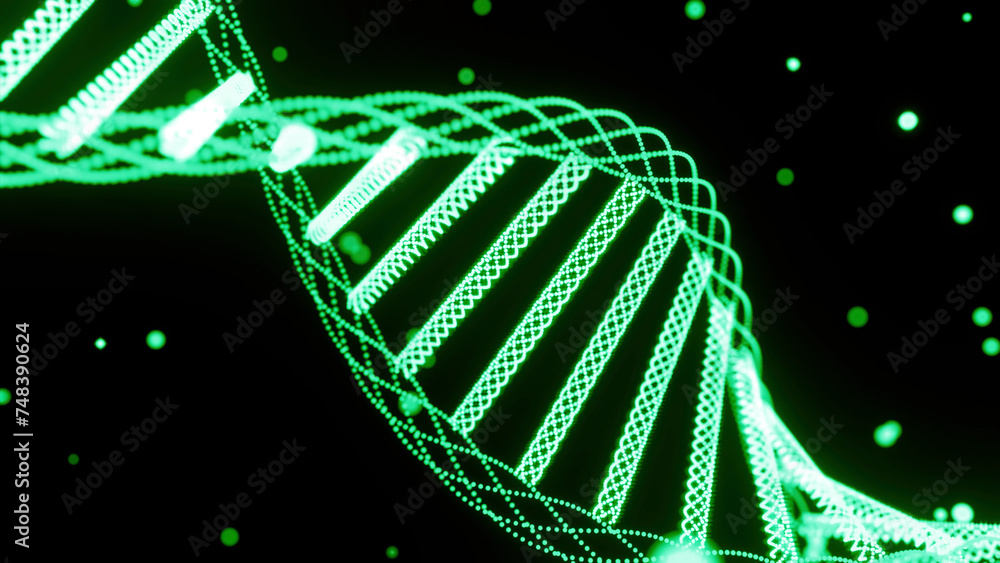 Poster animation of rotating dna strands. design. green spinning abstract dna spiral rotating on a black ba