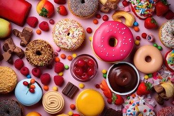 Healthy and unhealthy food background from fruits and vegetables vs fast food, sweets and pastry top view. Diet and detox against calorie and overweight lifestyle concept.
 - obrazy, fototapety, plakaty
