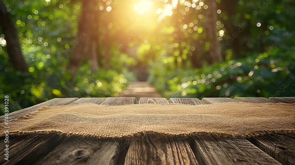 Wall mural nature background and table wood for product display template, empty wooden table and sack tableclot