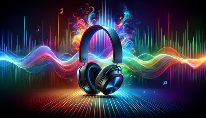The Pulse of Music: Headphones Amidst a Vibrant Soundwave Spectrum - 748391684