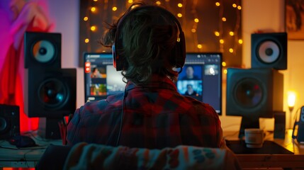 A boy sitting at the computer editing video, viewed from behind. International Labor Day concept.