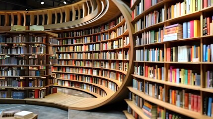 Round bookshelf in public library - obrazy, fototapety, plakaty