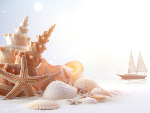 Tranquil Beach Scene with Shells and Starfish on Sandy Shore