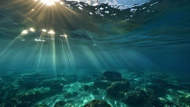 nature aquatic blue underwater ocean waves sun light rays through the water