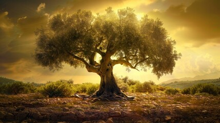 majestic large tree with a yellow sunset sky in high resolution and quality - obrazy, fototapety, plakaty