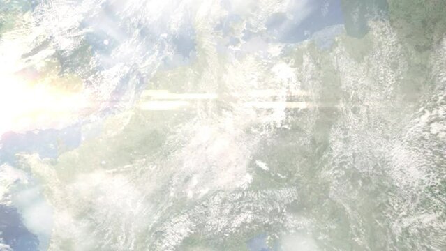 Earth zoom in from space and focus on Gotha, Germany. 3D Animation. Satellite view. Background for travel intro. Images from NASA