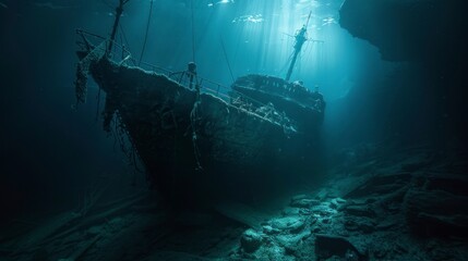 sunken ship in the depths of the sea with good lighting and rusty and old in high resolution