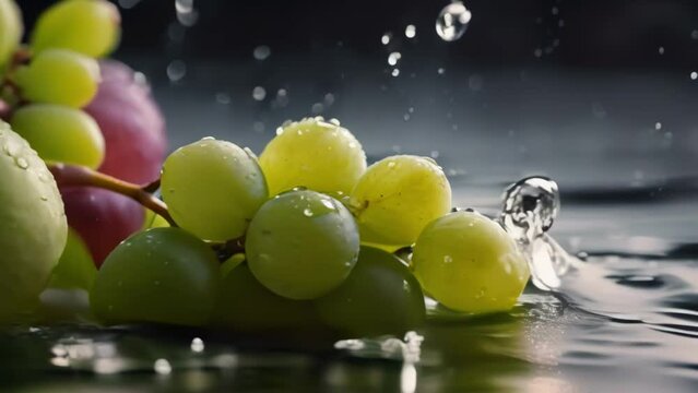 Fresh, ripe grapes and water drops, a healthy bunch of juicy berries isolated in vibrant green surroundings – a delightful image capturing the essence of sweet, delicious fruits