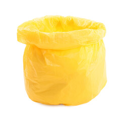 Yellow plastic garbage bag isolated on white