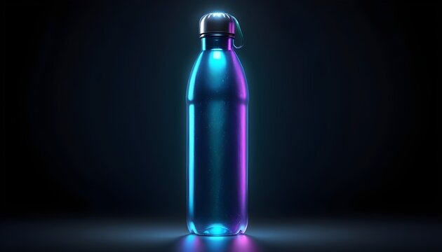 Water holographic bottle with dramatic blacklight on dark background