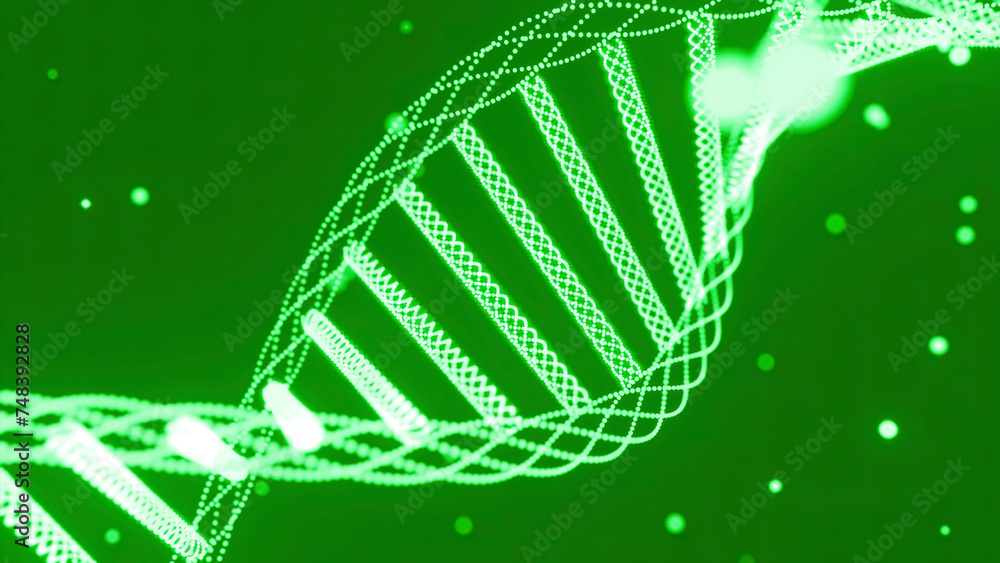 Poster animation of rotating dna strands. design. green spinning abstract dna spiral rotating on a black ba