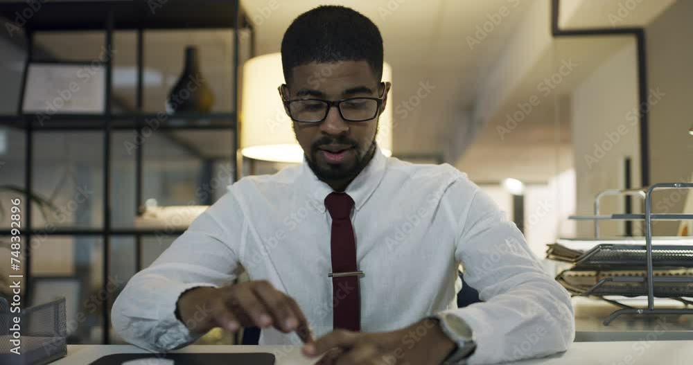 Sticker Phone call, demonstration and young businessman in the office for negotiation or discussion. Technology, example and professional male lawyer on mobile discussion with cellphone in modern workplace.