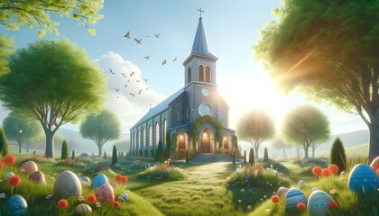 Easter Sunday: A church nestled among lush trees with easter eggs in the foreground, celebrating easter, easter holiday spirit - obrazy, fototapety, plakaty
