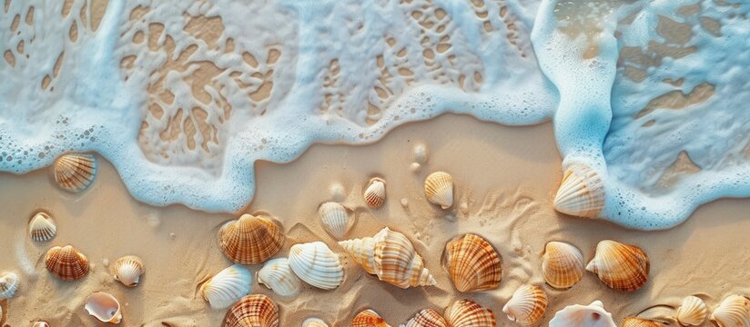 A close-up view from above of river shells and starfish scattered on a sandy beach, with the sea in the backdrop. The image showcases the texture and details of the seashells and starfish.
