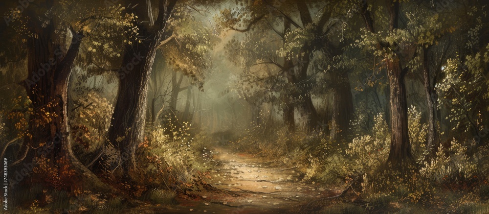 Poster a painting depicting a narrow path winding through a dense forest. thick foliage and tall trees line