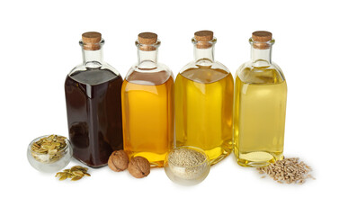 Vegetable fats. Bottles of different cooking oils and ingredients isolated on white