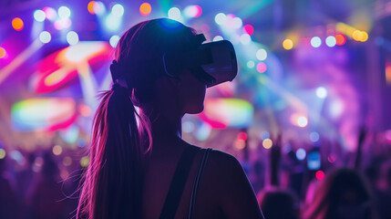 A woman immersing herself in a virtual reality experience while attending a live concert