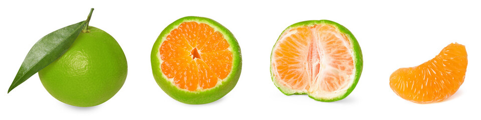 Fresh green tangerines isolated on white, collage