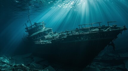 old ship sunk in the sea in the depths with good lighting with rust in high resolution and high quality - obrazy, fototapety, plakaty