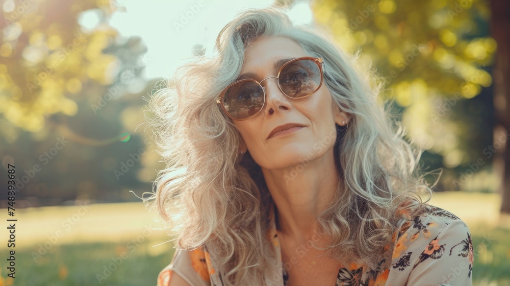 Wall mural Mature woman with sunglasses at park generative ai