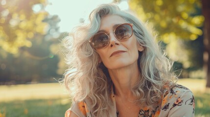Mature woman with sunglasses at park generative ai - obrazy, fototapety, plakaty