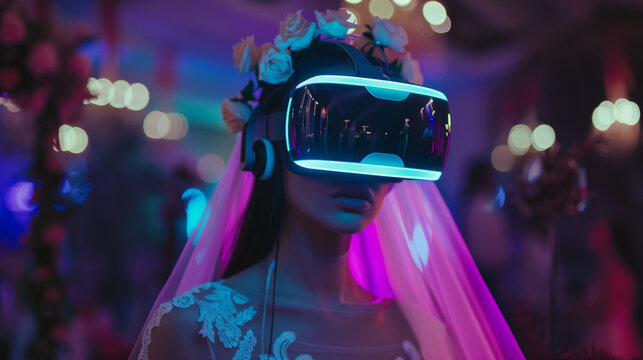 A young woman bride in a floral headpiece tries VR technology amidst vibrant evening wedding celebrations, neon light, banner