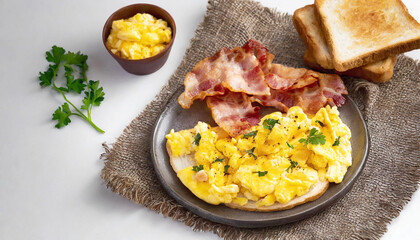 Scrambled eggs, bacon and toast on the side.