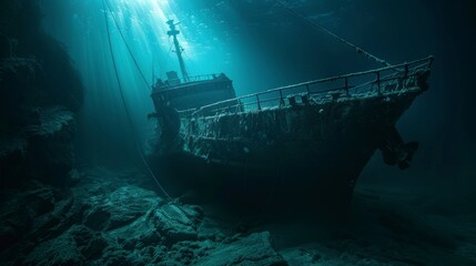 old ship sunk in the sea in the depths with good lighting
