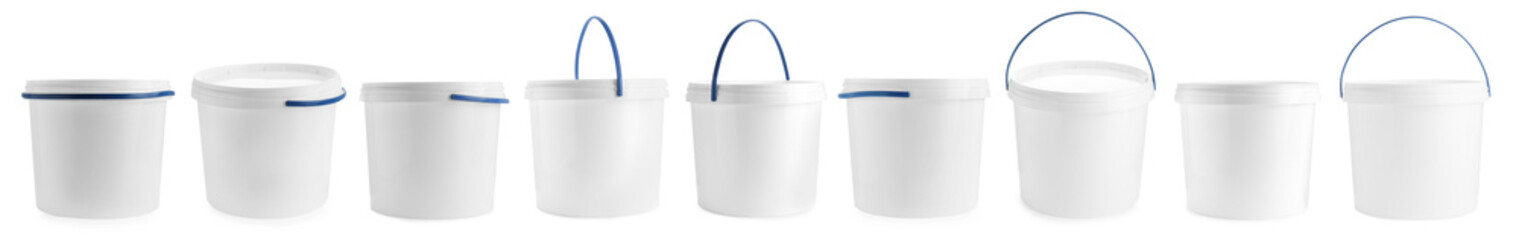 Plastic buckets with lids isolated on white, set © New Africa