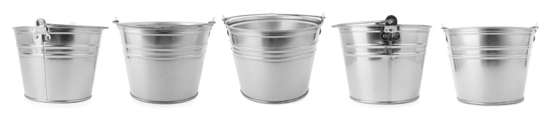 Shiny metal buckets isolated on white, set