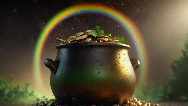 St Patrick's Day background , motion graphic, clover, green hat, gold coins, leprechaun hat with clover