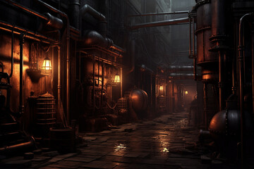 Dark Steampunk Alley with Steam and Pipes - obrazy, fototapety, plakaty