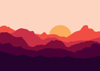 Fototapeta na wymiar Mountains landscape in the sunset vector. Vector illustration in flat style.