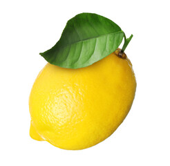Fresh ripe lemon with green leaf isolated on white