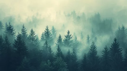 Fototapeten Misty landscape with fir forest in vintage retro style generative ai © Francheska