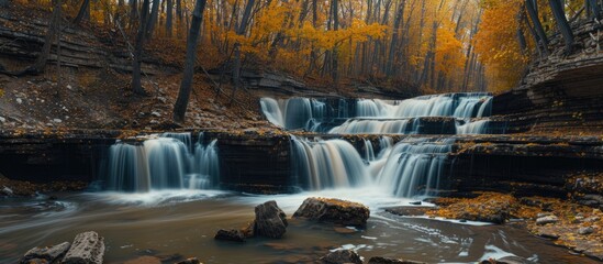 A waterfall cascades down rocks in the middle of an autumn forest, surrounded by lush green trees and fallen leaves. The water rushes over the rocks, creating a soothing sound in the serene