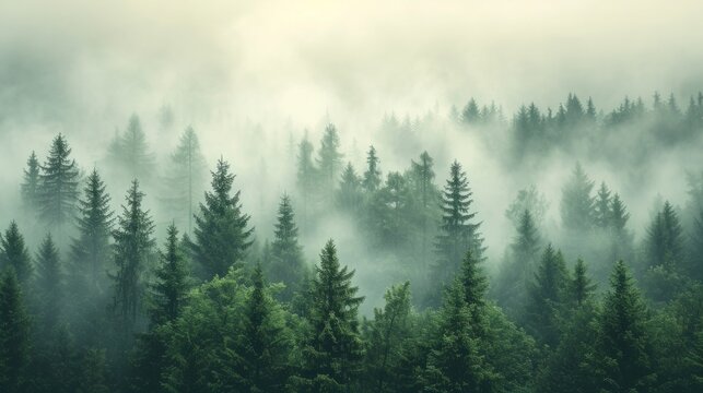 Misty landscape with fir forest in vintage retro style generative ai © Francheska