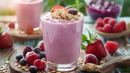 berry smoothie with oatmeal in a glass, horizontal - obrazy, fototapety, plakaty