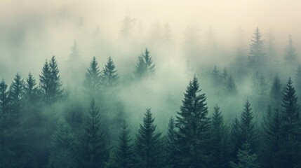 Misty landscape with fir forest in vintage retro style generative ai - obrazy, fototapety, plakaty
