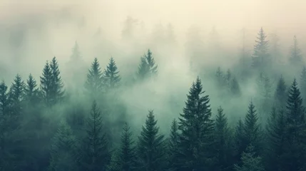 Foto auf Leinwand Misty landscape with fir forest in vintage retro style generative ai © Francheska