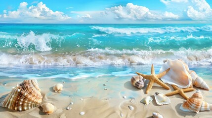 Fototapeta na wymiar beautiful beach with starfish with crystal clear waters on a sunny day in summer in high resolution and quality