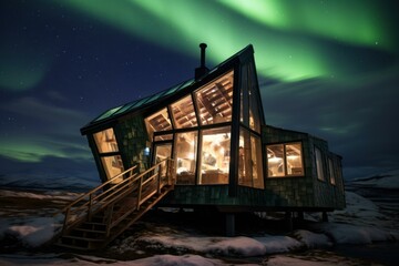 Captivating Northern lights sky wooden house glow. Magnetic dark space home. Generate Ai