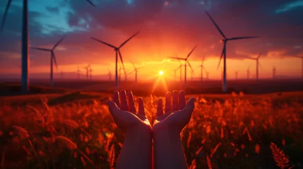 Foto op Canvas Two hands stretch in the background of a wind turbine park in a field at sunset © jr-art