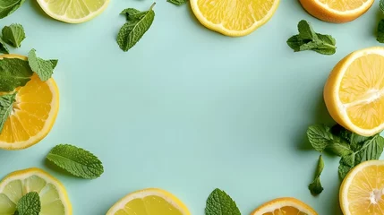 Foto op Plexiglas Citrus slices and mint herbs frame on retro mint pastel background with copyspace from above. Top view of lemon and orange refreshment. Summer fruit smoothie minimal banner design. © Lucky Ai
