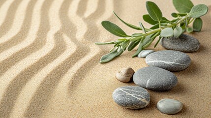 Fototapeta na wymiar Sage Twig and Pebble Rocks on Sand - Serene Background generative ai