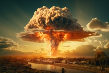 Apocalyptic Nuclear explosion dramatic scene. Danger bomb. Generate Ai