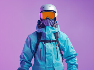 A happy man, dressed in a blue windbreaker, ski goggles, mask, and hat, stays on a purple background, eager for an exciting weekend of winter skiing in the mountains.