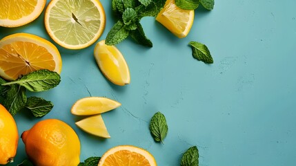 Citrus slices and mint herbs frame on retro mint pastel background with copyspace from above. Top view of lemon and orange refreshment. Summer fruit smoothie minimal banner design.